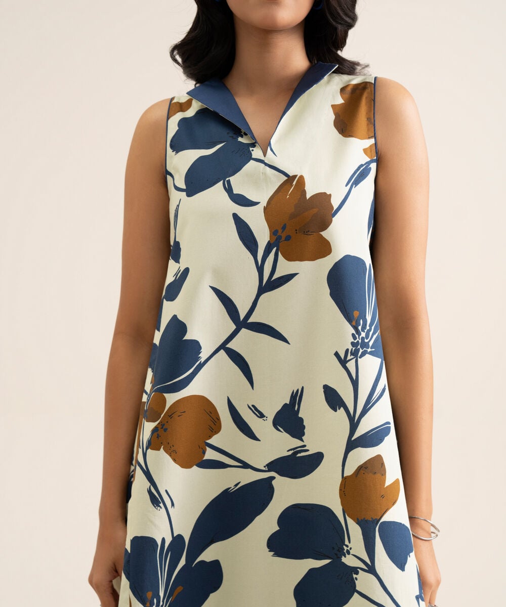 Women's Unstitched Cotton Printed Off White 2 Piece Suit