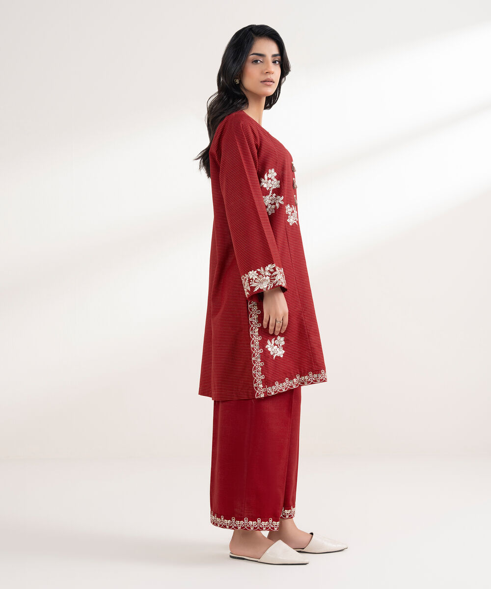 Women's RTW Light Khaddar Embroidered Red Straight Shirt
