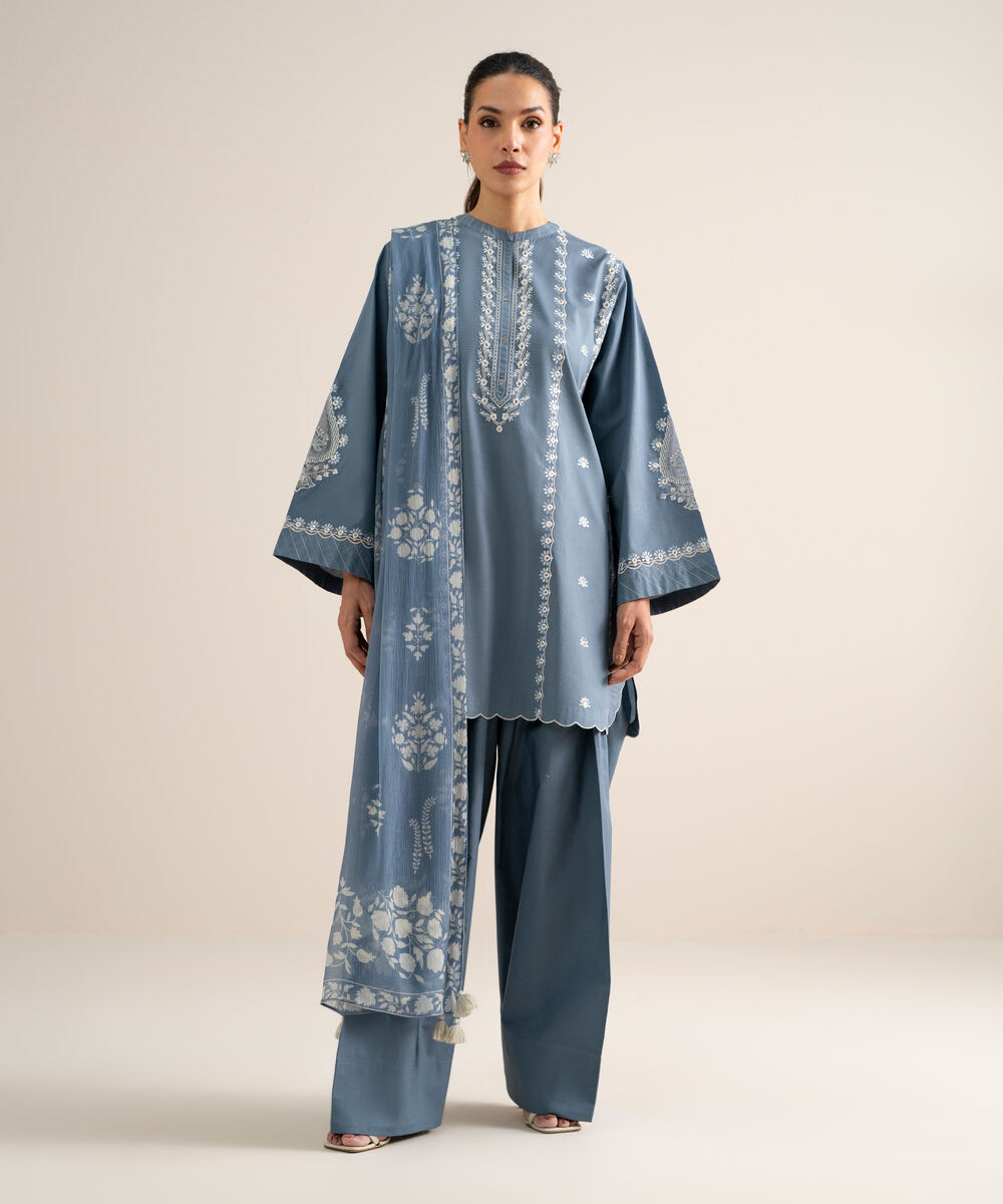 Women's Unstitched Lawn Embroidered Blue  3 Piece Suit