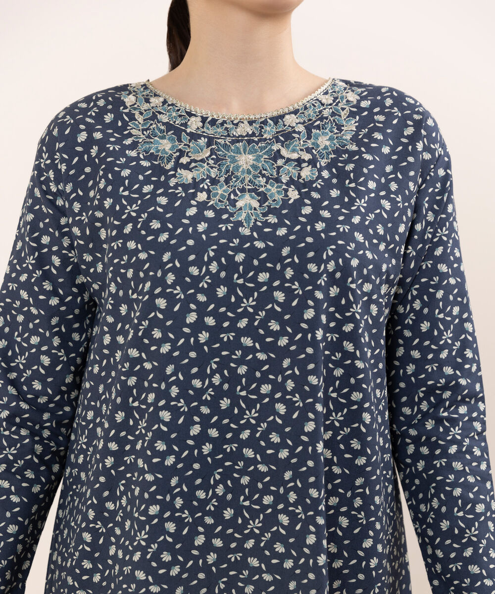 Women's Unstitched Lawn Embroidered Blue Two Piece Suit