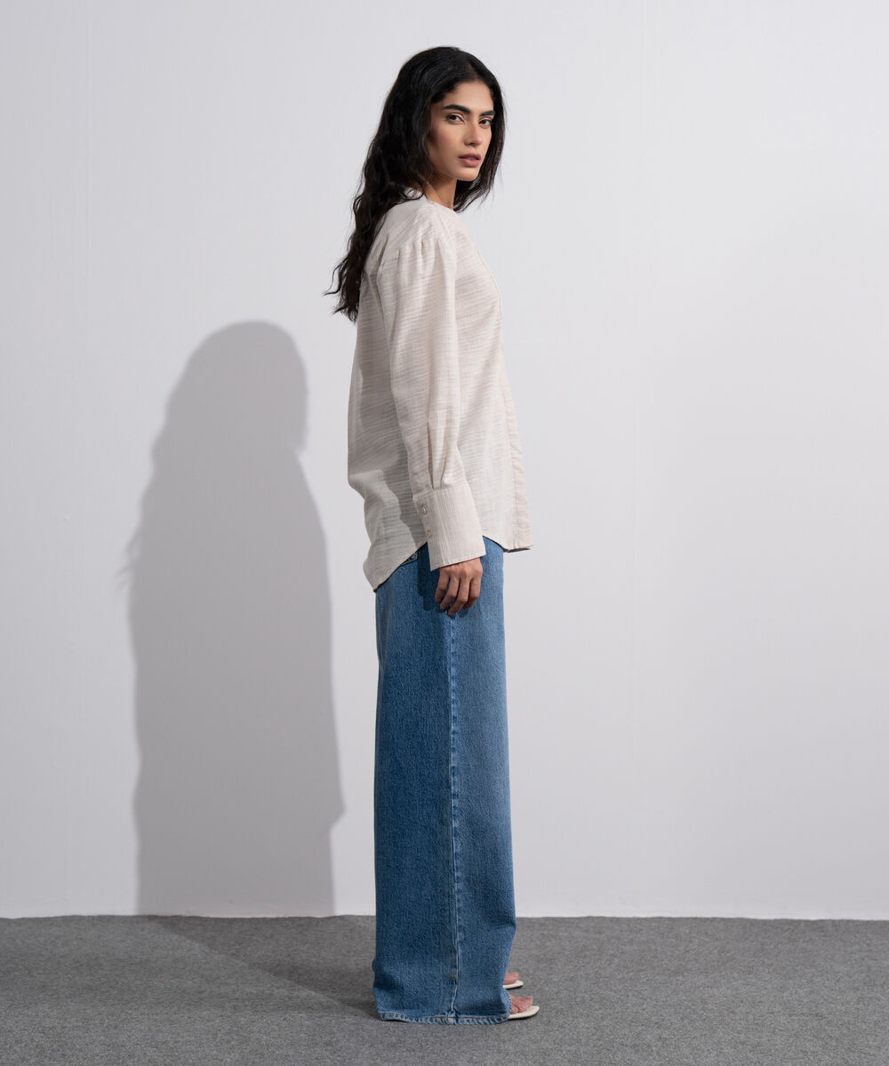 Women's Off White Textured Shirt With Yoke Detail