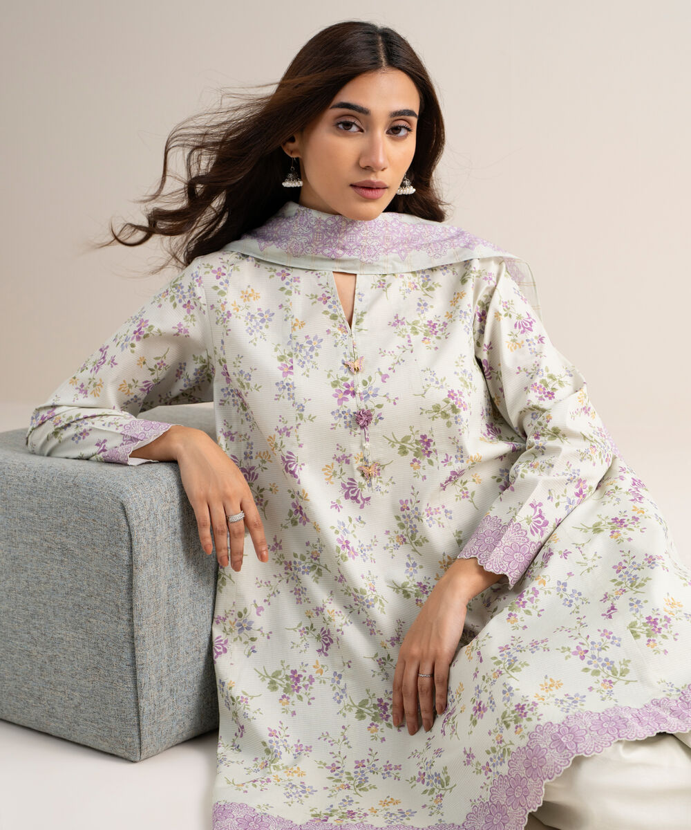Women's Unstitched Zari Lawn Printed Off White
