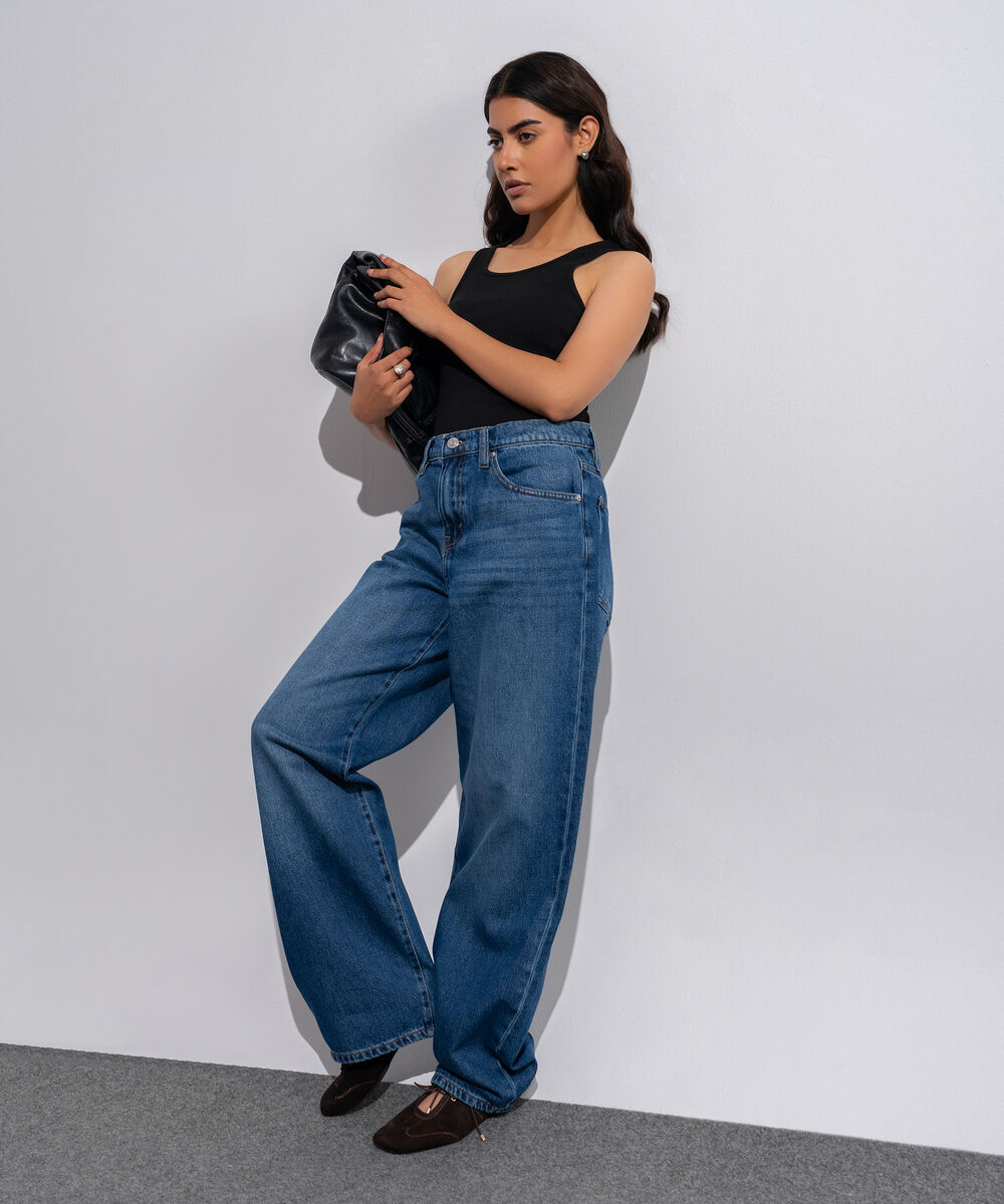 Women's Western Wear Denim Baggy Fit Indigo Blue - Dark Worn Jeans
