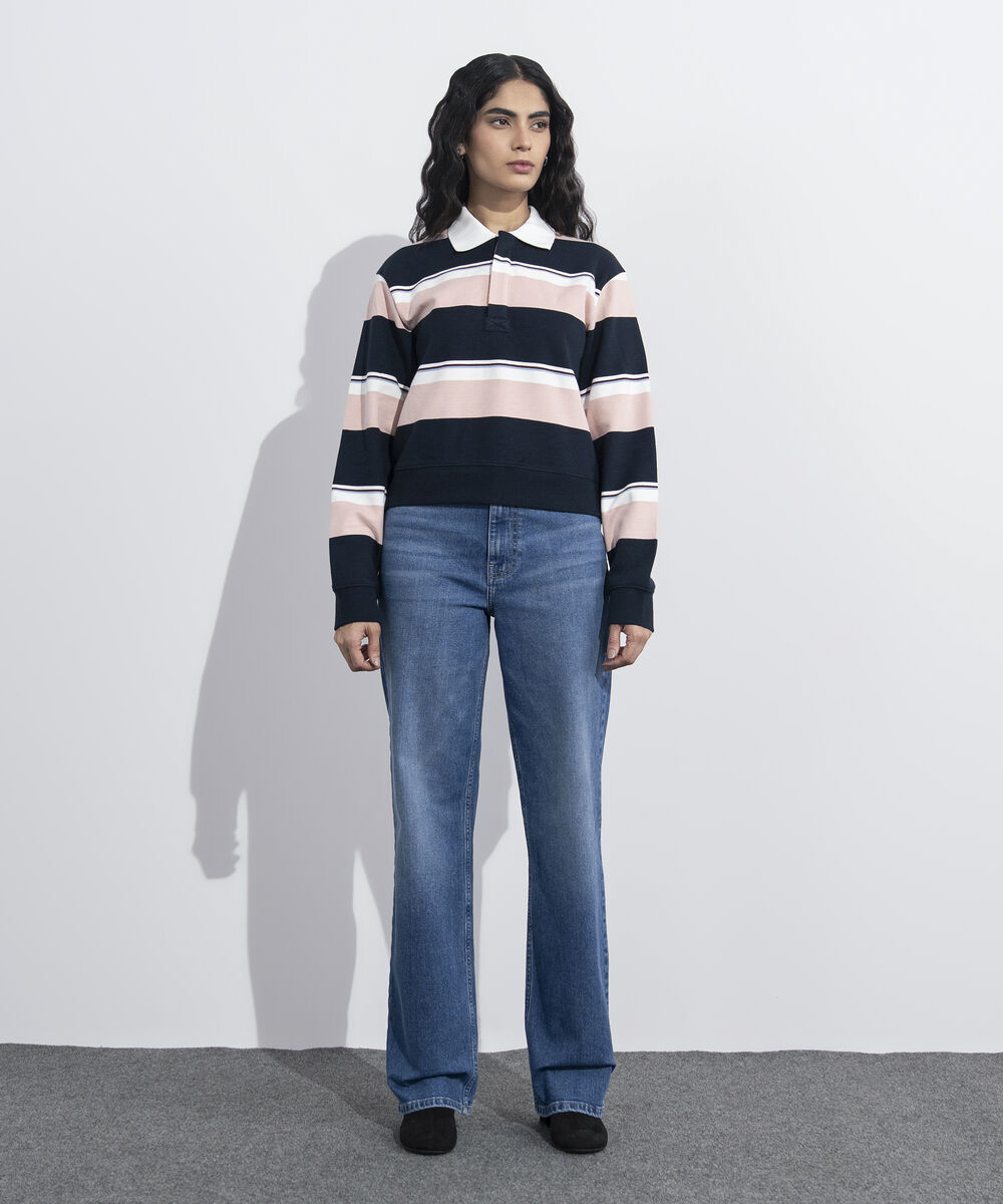 Women's Western Wear Multi Striped Polo Neck Sweatshirt