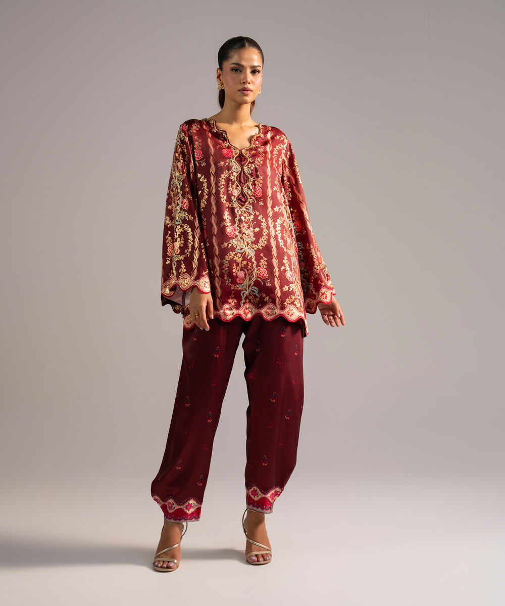 Women's RTW Blended Satin Printed Maroon 2 Piece Suit