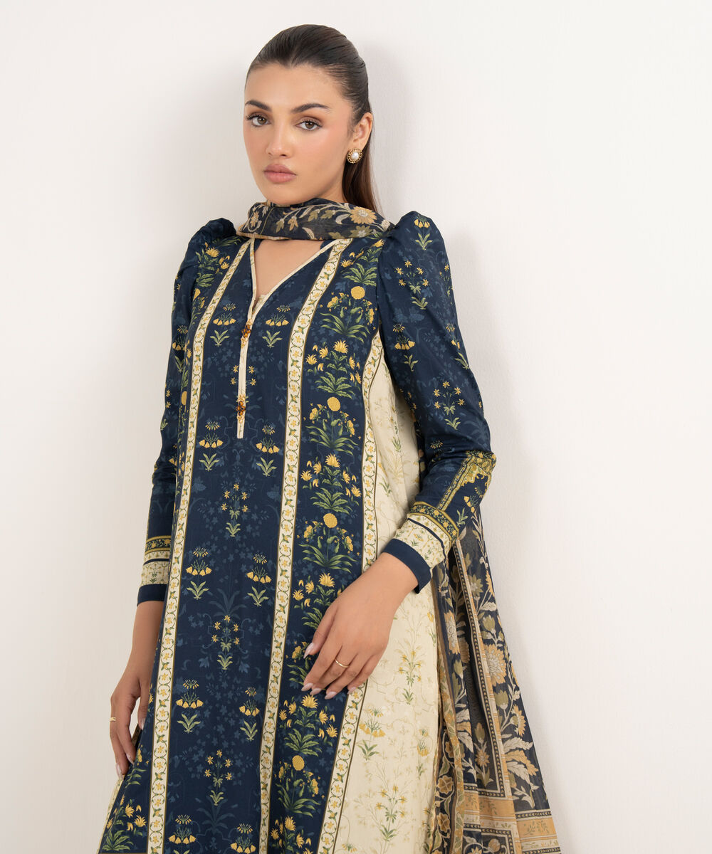 Women's Unstitched Arabic Lawn Printed Blue 3 Piece Suit