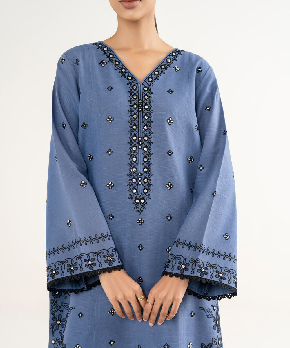 Women's Unstitched Light Khaddar Embroidered Blue 3 Piece Suit