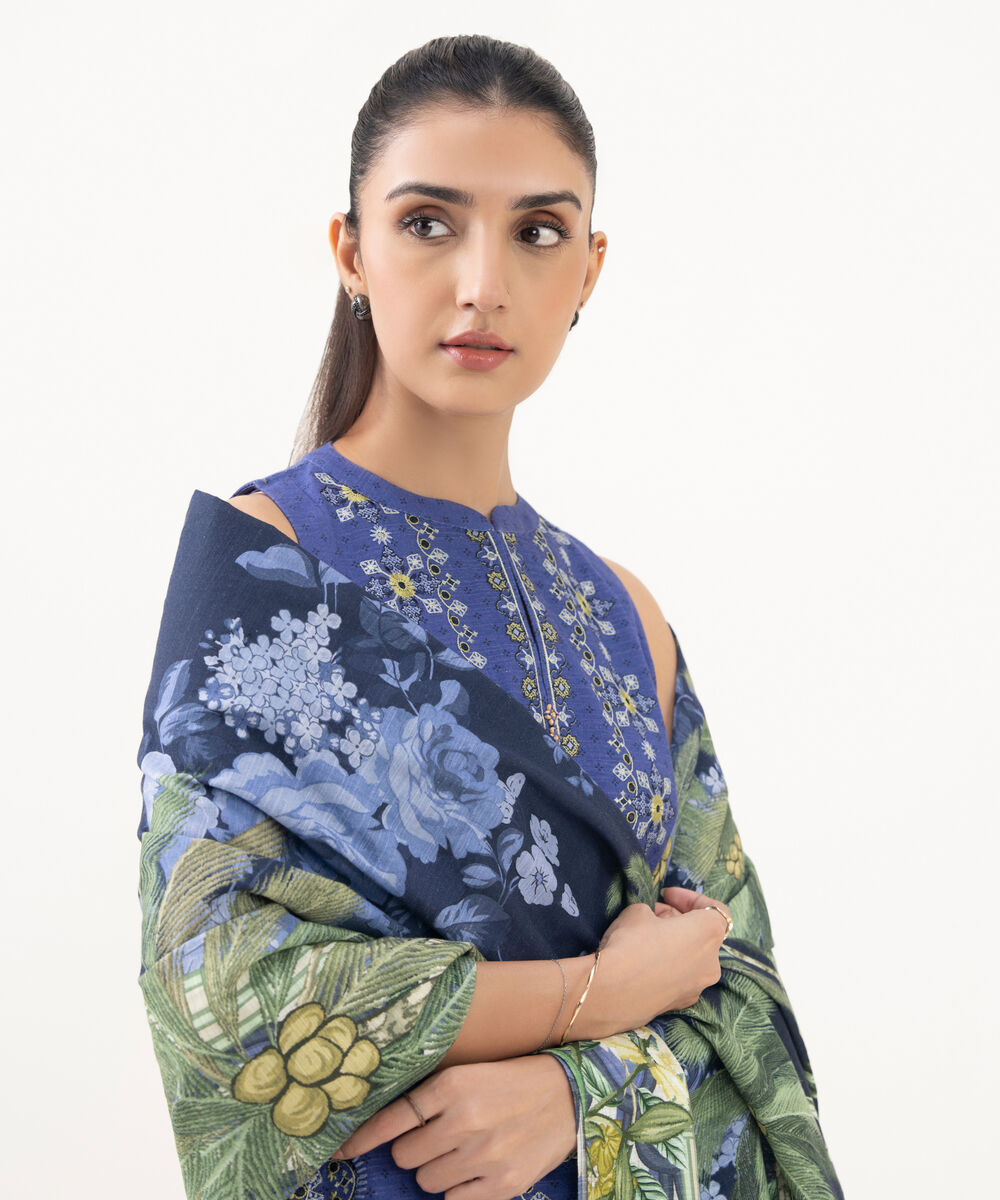 Women's Unstitched Light Khaddar Embroidered Blue  3 Piece Suit