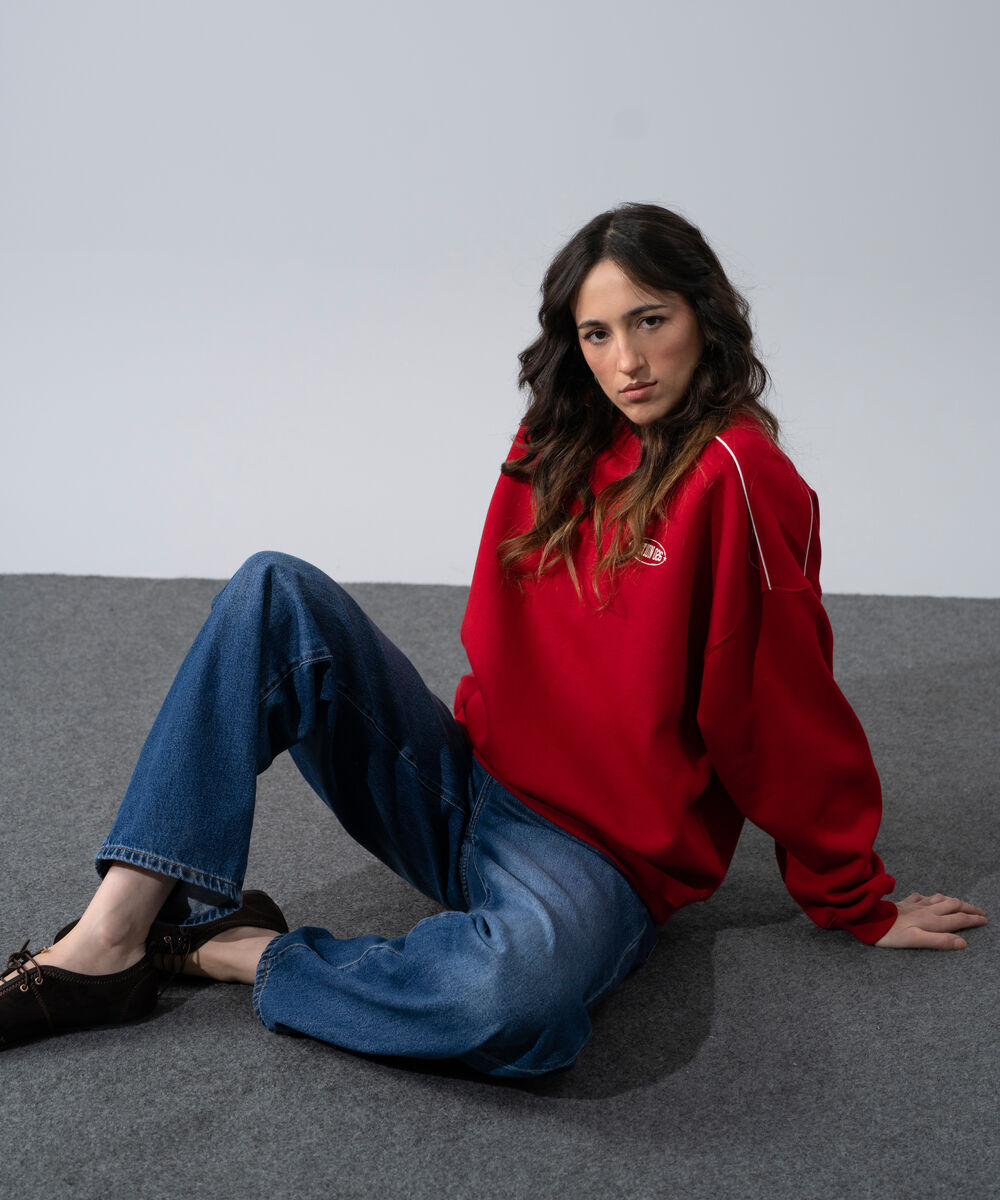 Women's Western Wear Red Oversized Fleeceback Graphic Sweatshirt