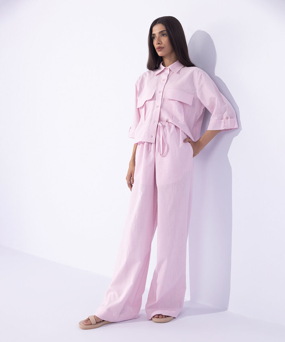 Women's Western Wear Pink Linen Blend Pull On Trousers