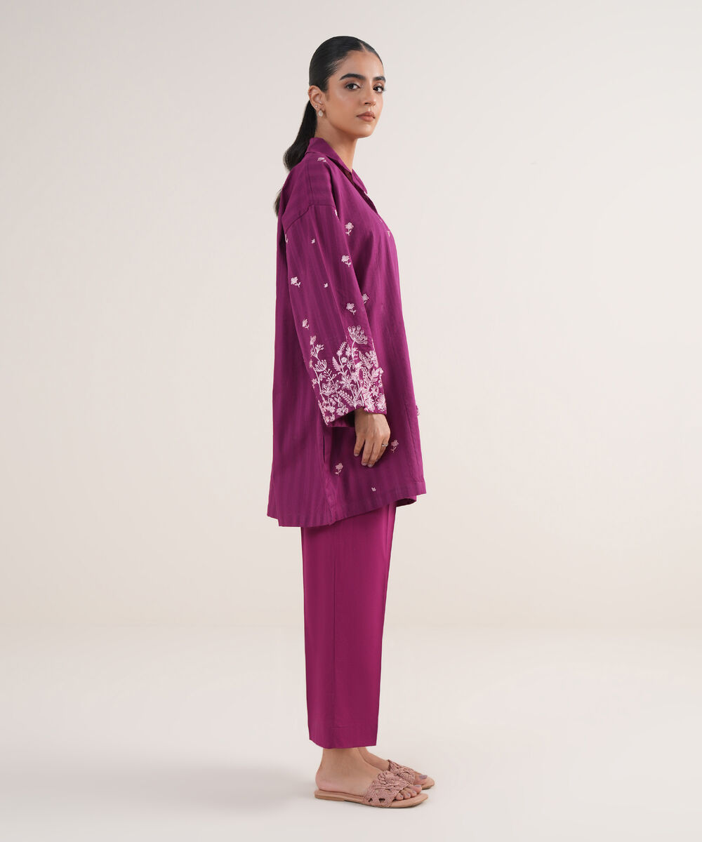 Women's RTW Textured Lawn Purple Embroidered Drop Shoulder Shirt