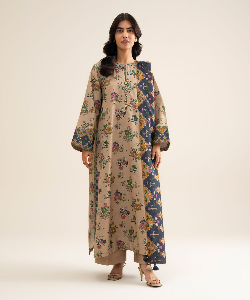Women's Unstitched Premium Khaddar Printed Beige 3 Piece Suit