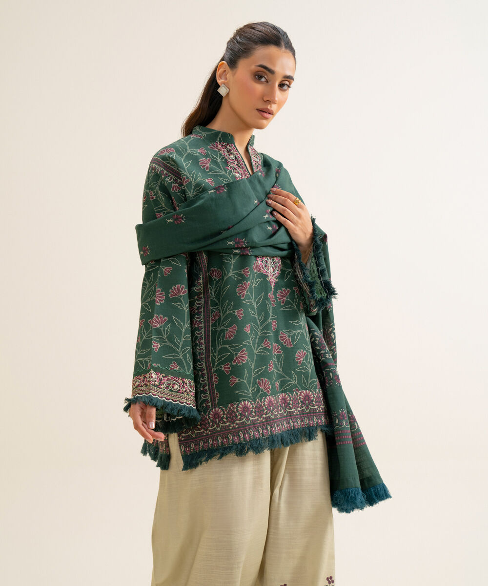 Women's Unstitched Cotton Embroidered Green 3 Piece Suit