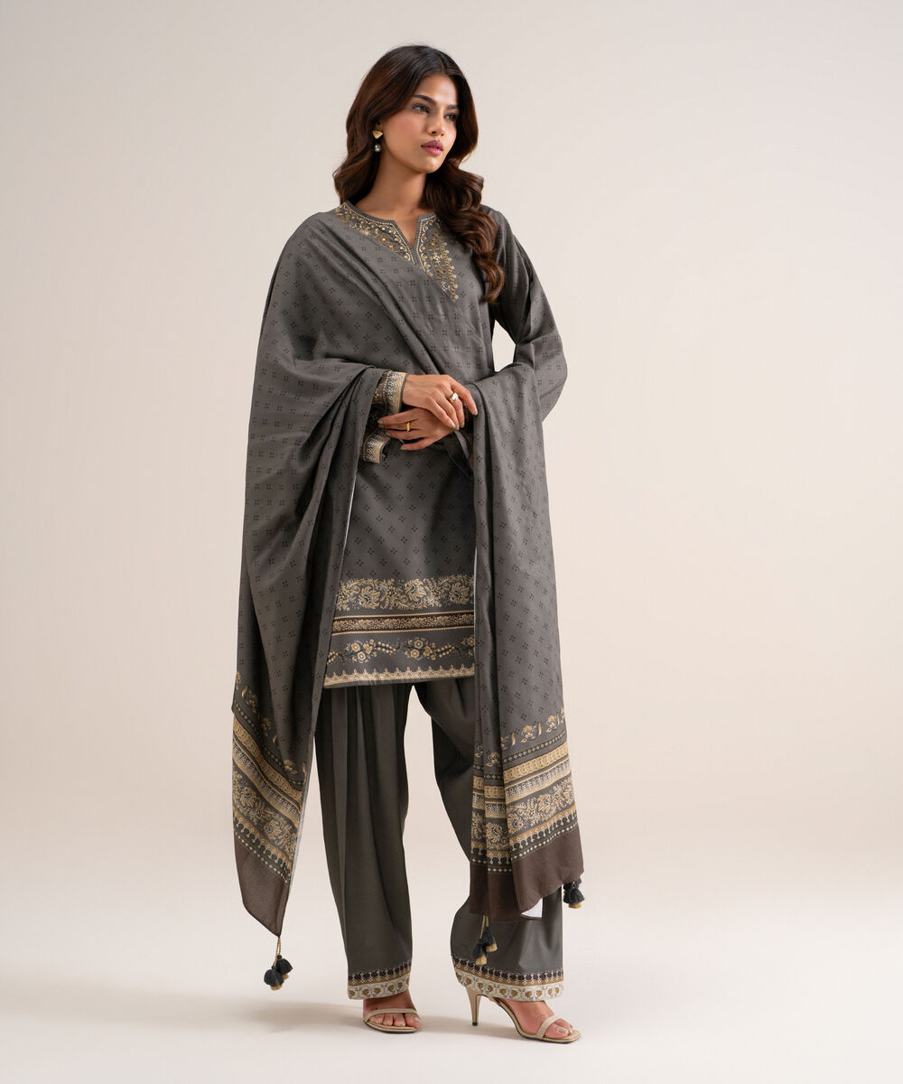 Women's Unstitched Embroidered Linen Gray 3 Piece Suit