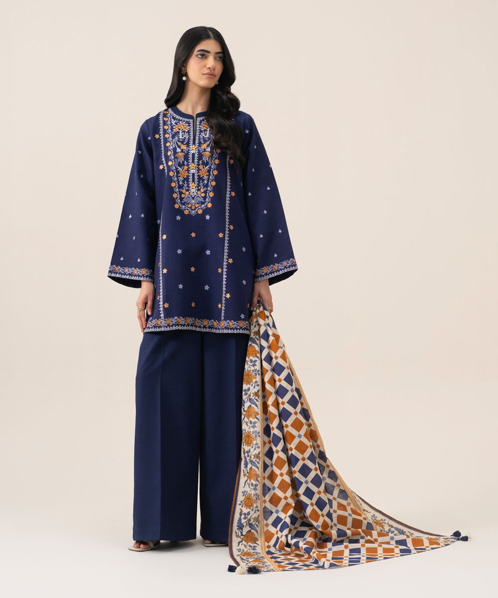 Women's Unstitched Cotton Embroidered Blue 3 Piece Suit