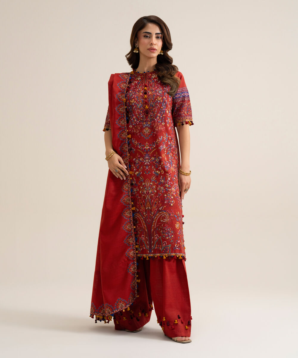 Women's Unstitched Basic Khaddar Embroidered Burnt Orange 3 Piece Suit