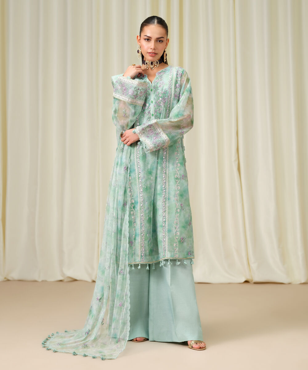 Women's Unstitched Blended Net Embroidered Green 3 Piece Suit