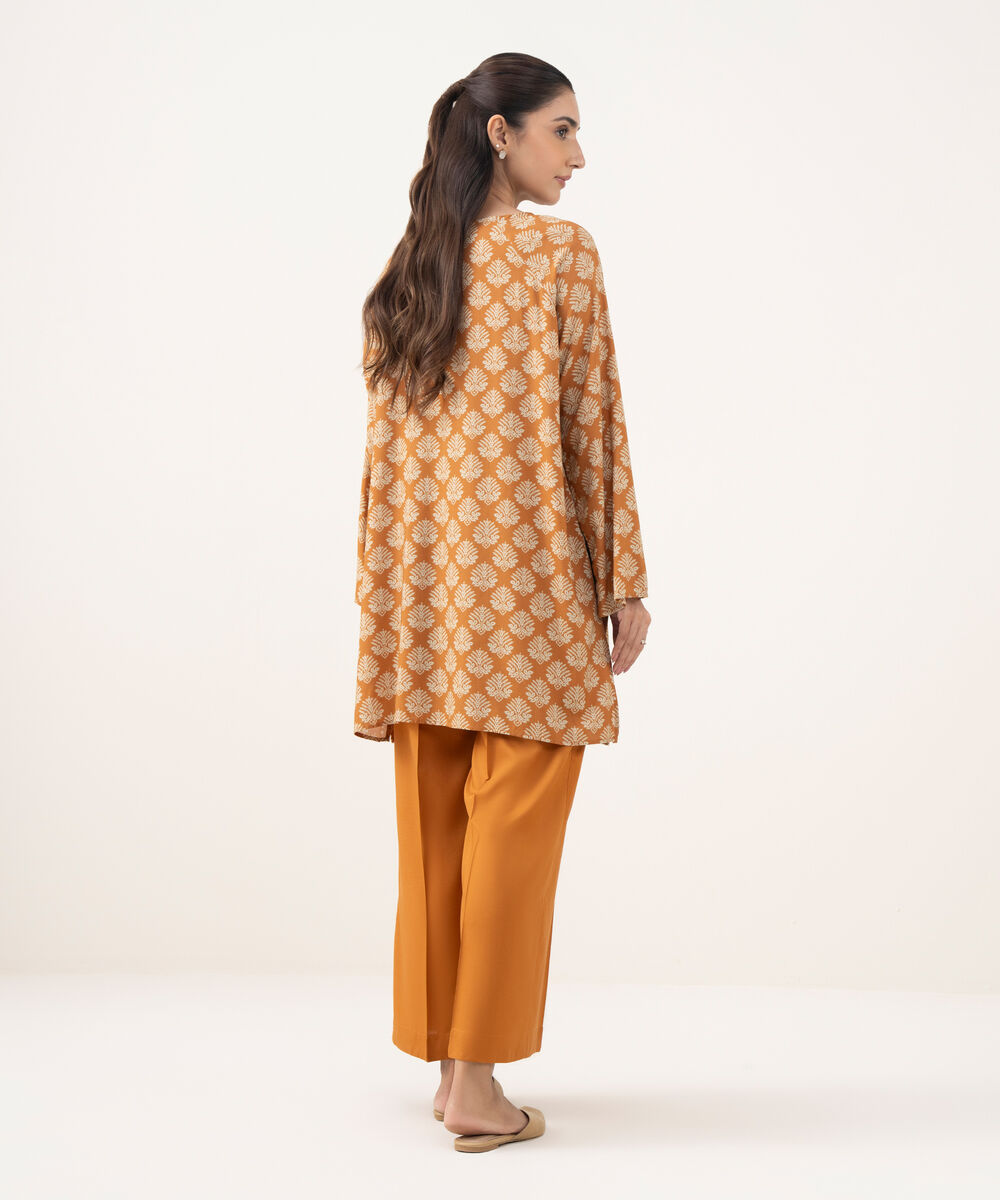 Women's RTW Linen Viscose Printed Rust Straight Shirt