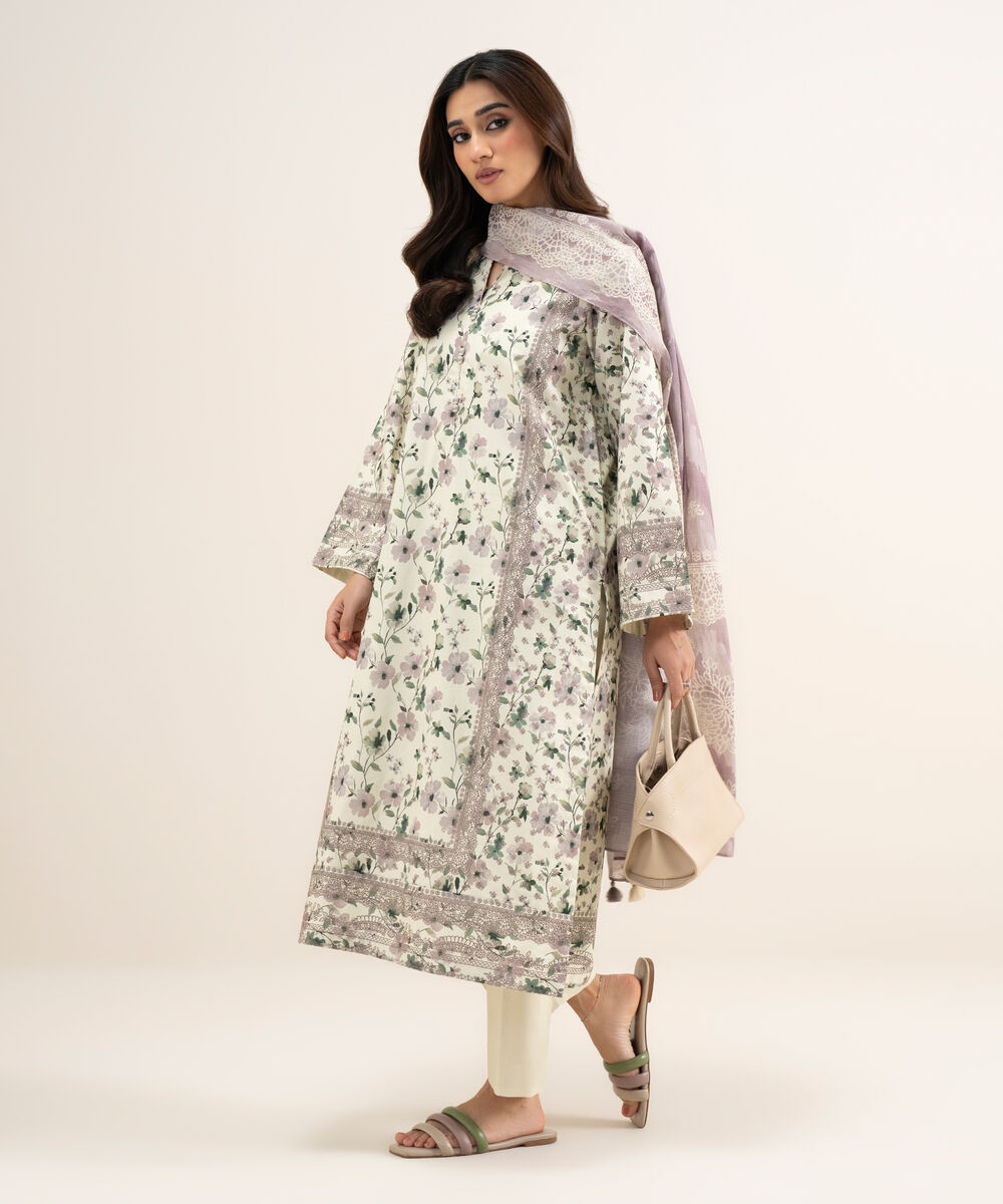 Women's Unstitched Lawn Printed Off White & Tea Pink 3 Piece Suit