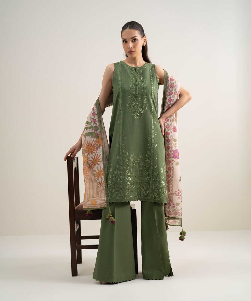 Women's Unstitched Dobby Embroidered Green 3 Piece Suit