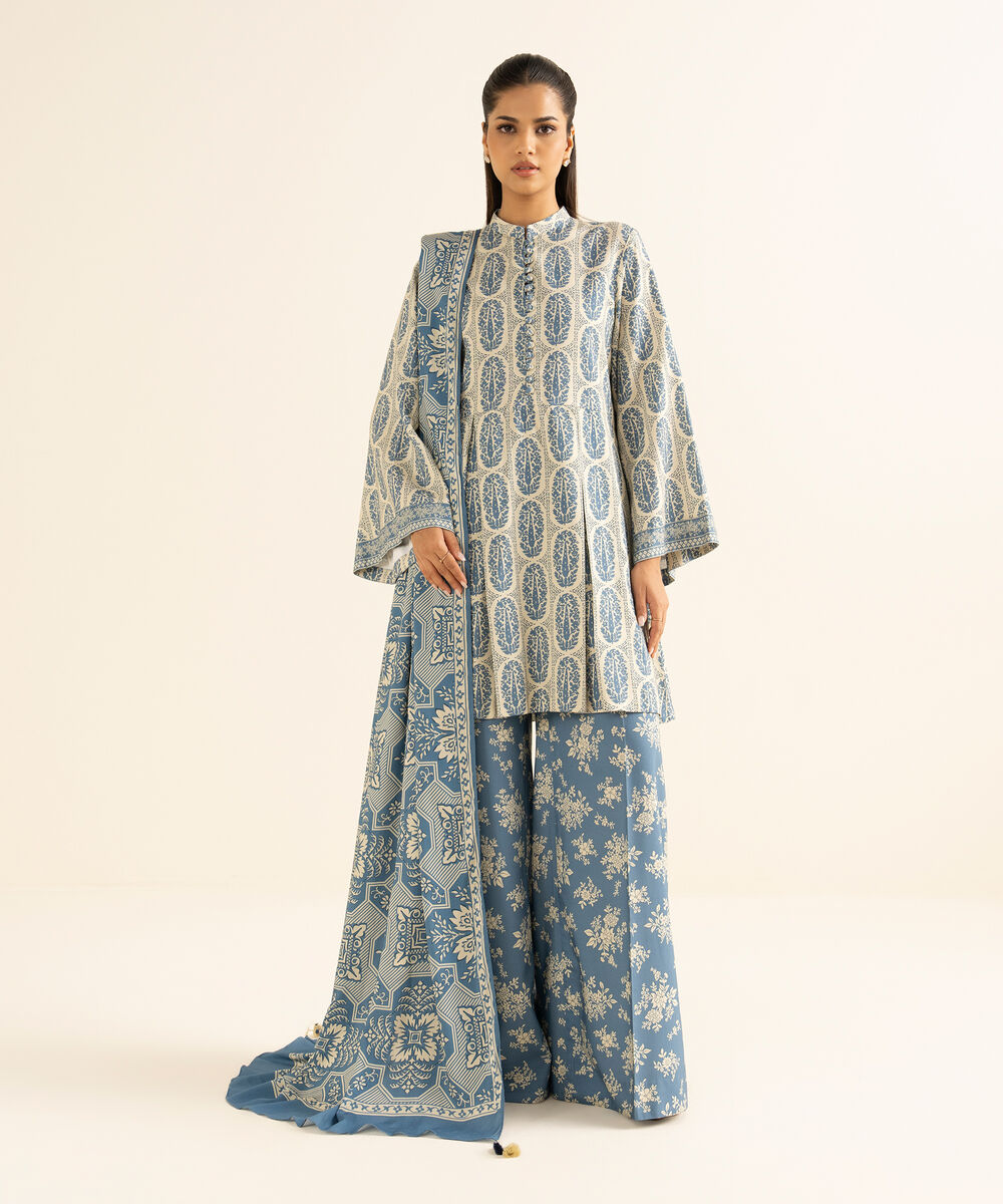 Women's Unstitched Linen Printed Blue 3 Piece Suit