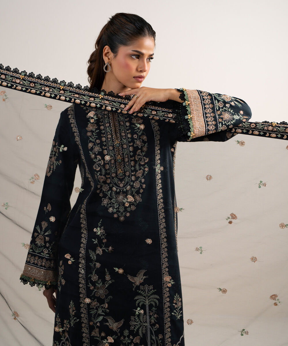 Women's Unstitched Fine Cotton Satin Embroidered Black