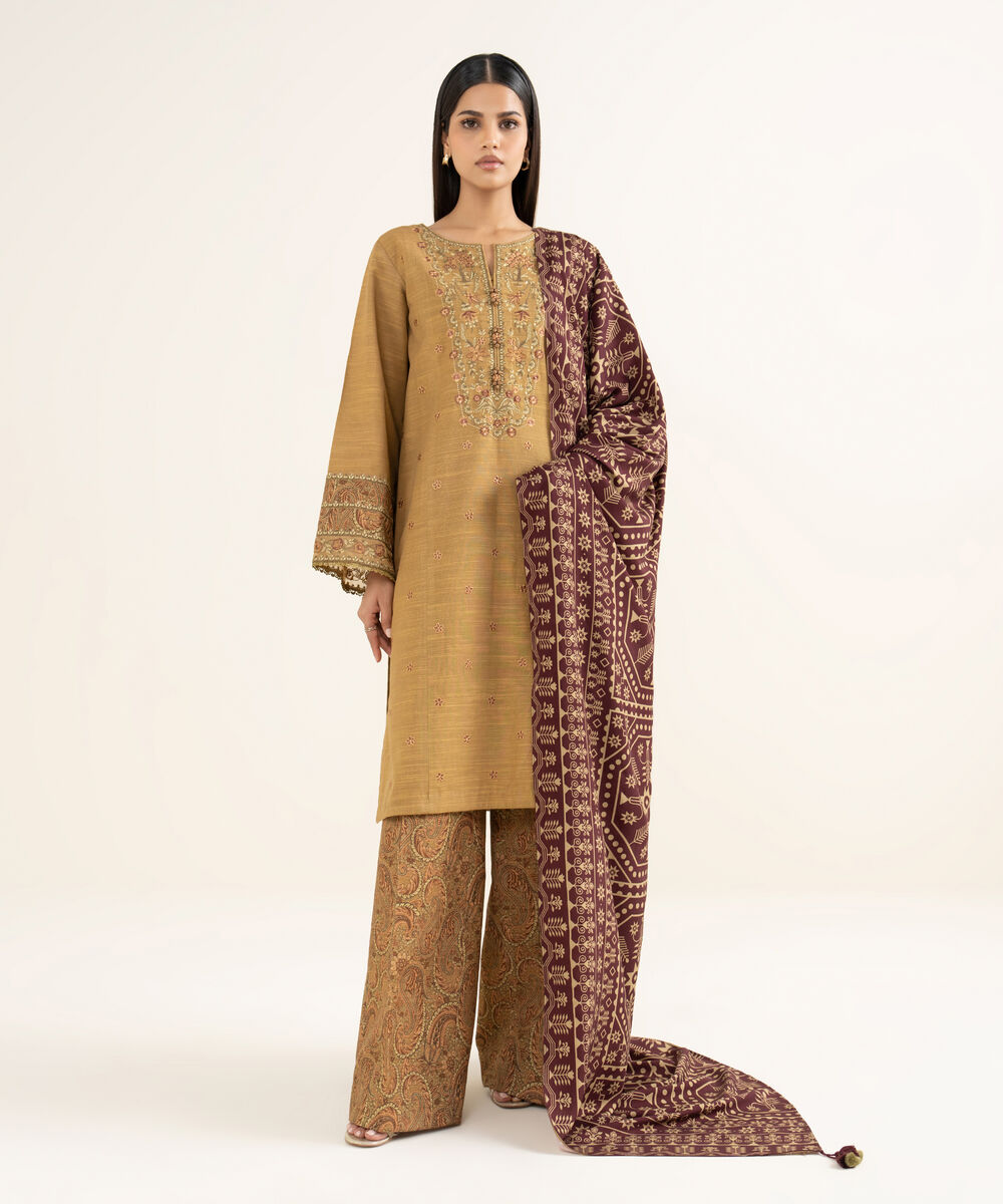 Women's Unstitched Light Khaddar Embroidered Brown 3 Piece Suit