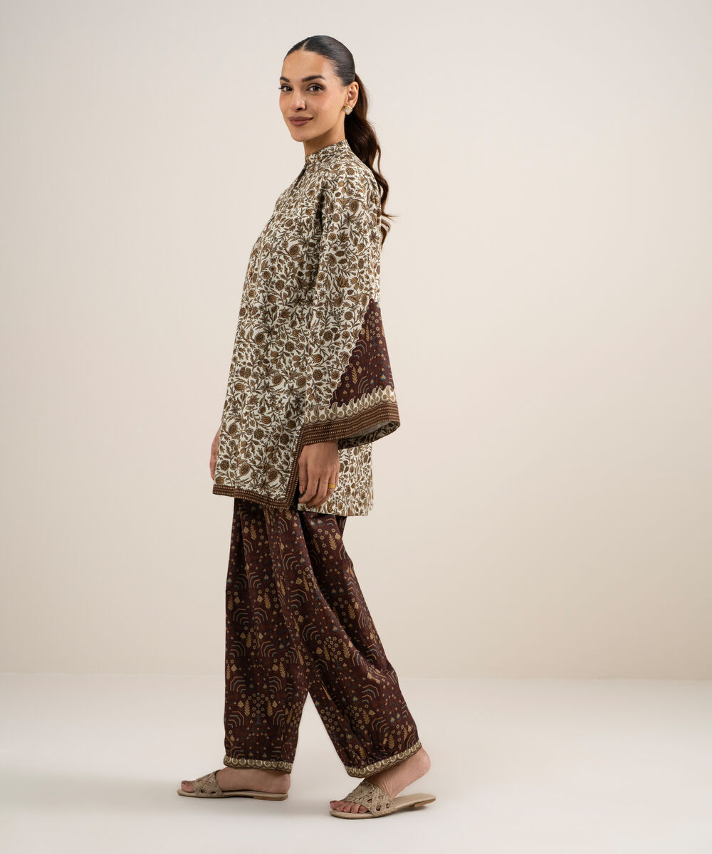 Women's Unstitched Cotton Printed Off White & Multi  2 Piece Suit