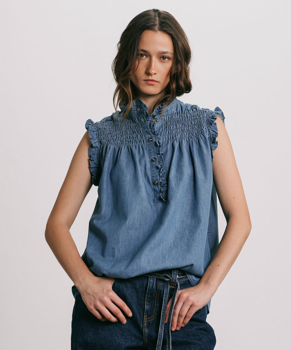 Women's Western Wear Blue Denim Frill Blouse