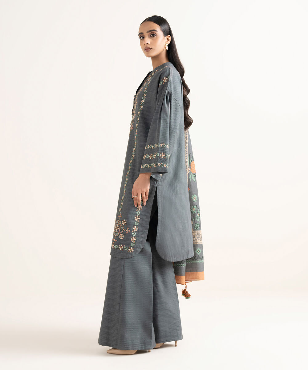 Women's Unstitched Dobby Embroidered Grey 3 Piece Suit