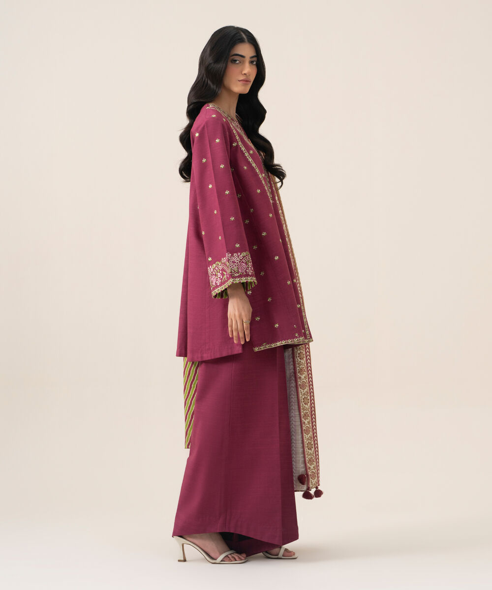 Women's Unstitched Cotton Embroidered Magenta 3 Piece Suit
