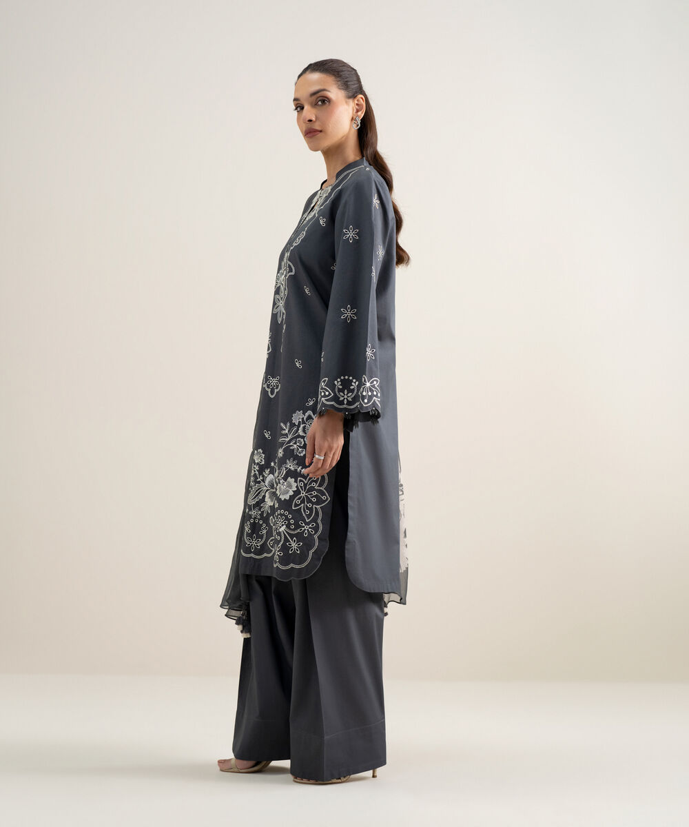 Women's Unstitched Textured Lawn Embroidered Grey 3 Piece Suit