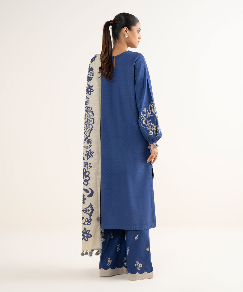 Women's Unstitched Dobby Embroidered Blue 3 Piece Suit
