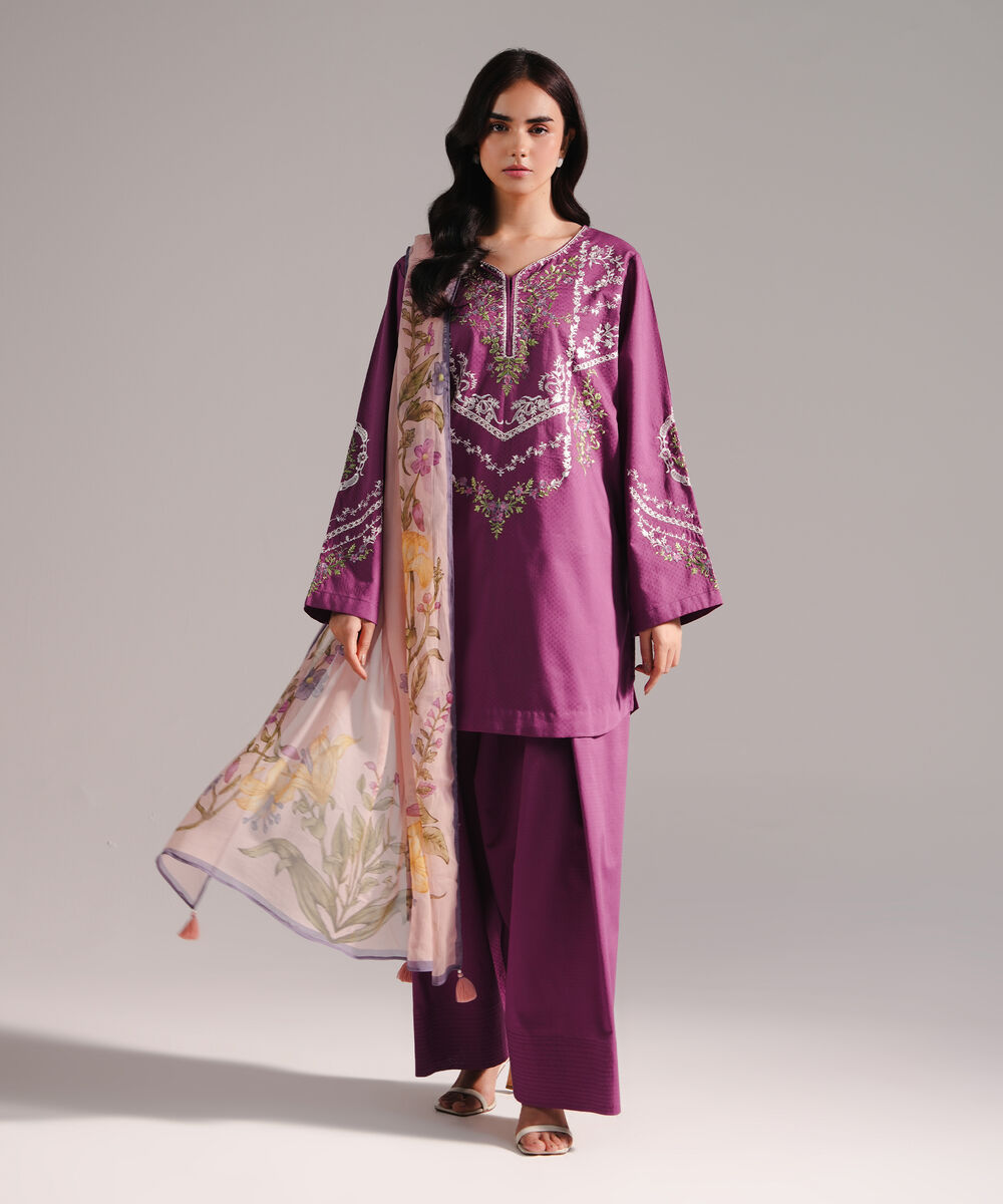 Women's RTW Dobby Embroidered Purple 3 Piece Suit