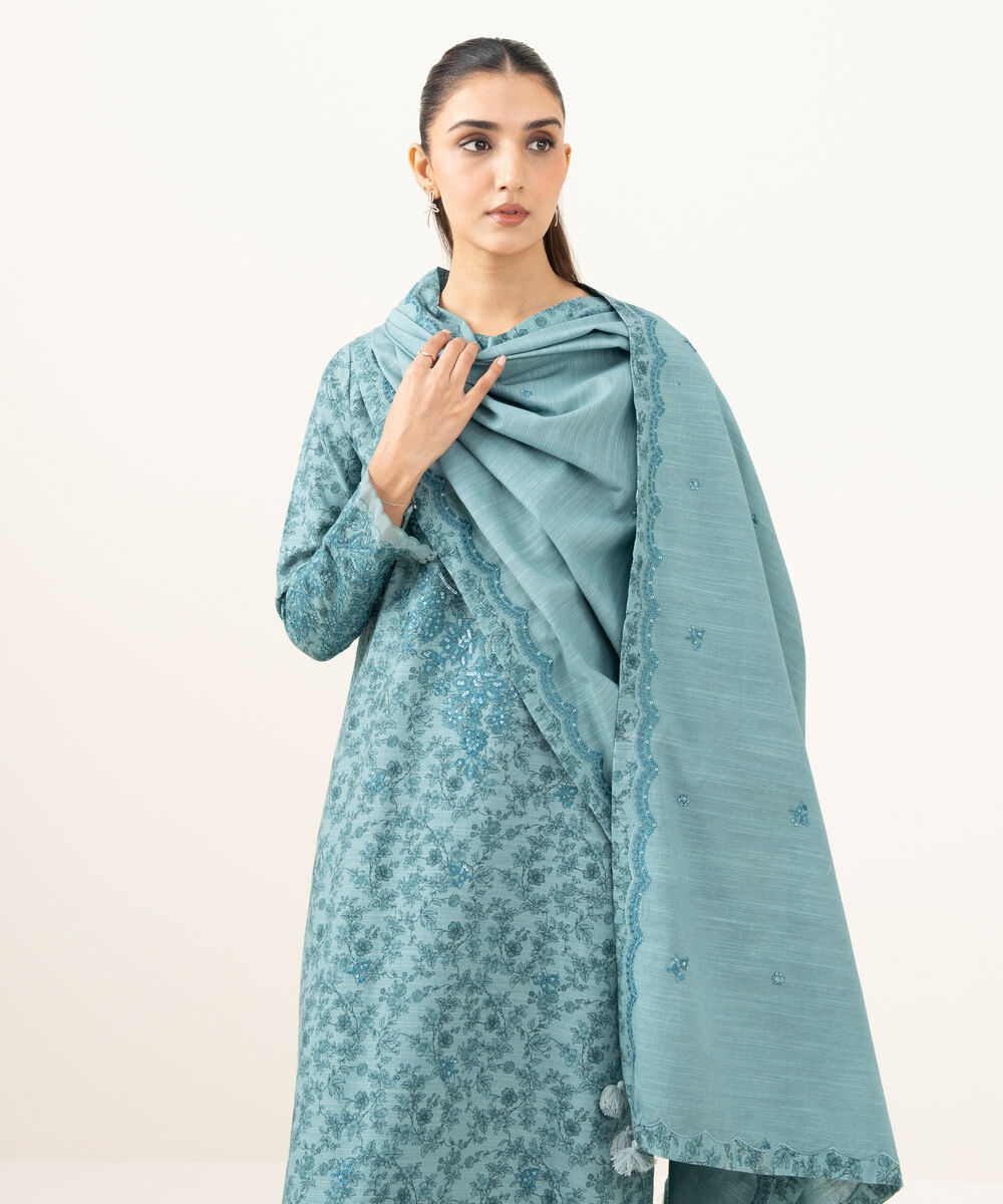 Women's Unstitched Cotton Embroidered Blue 3 Piece Suit