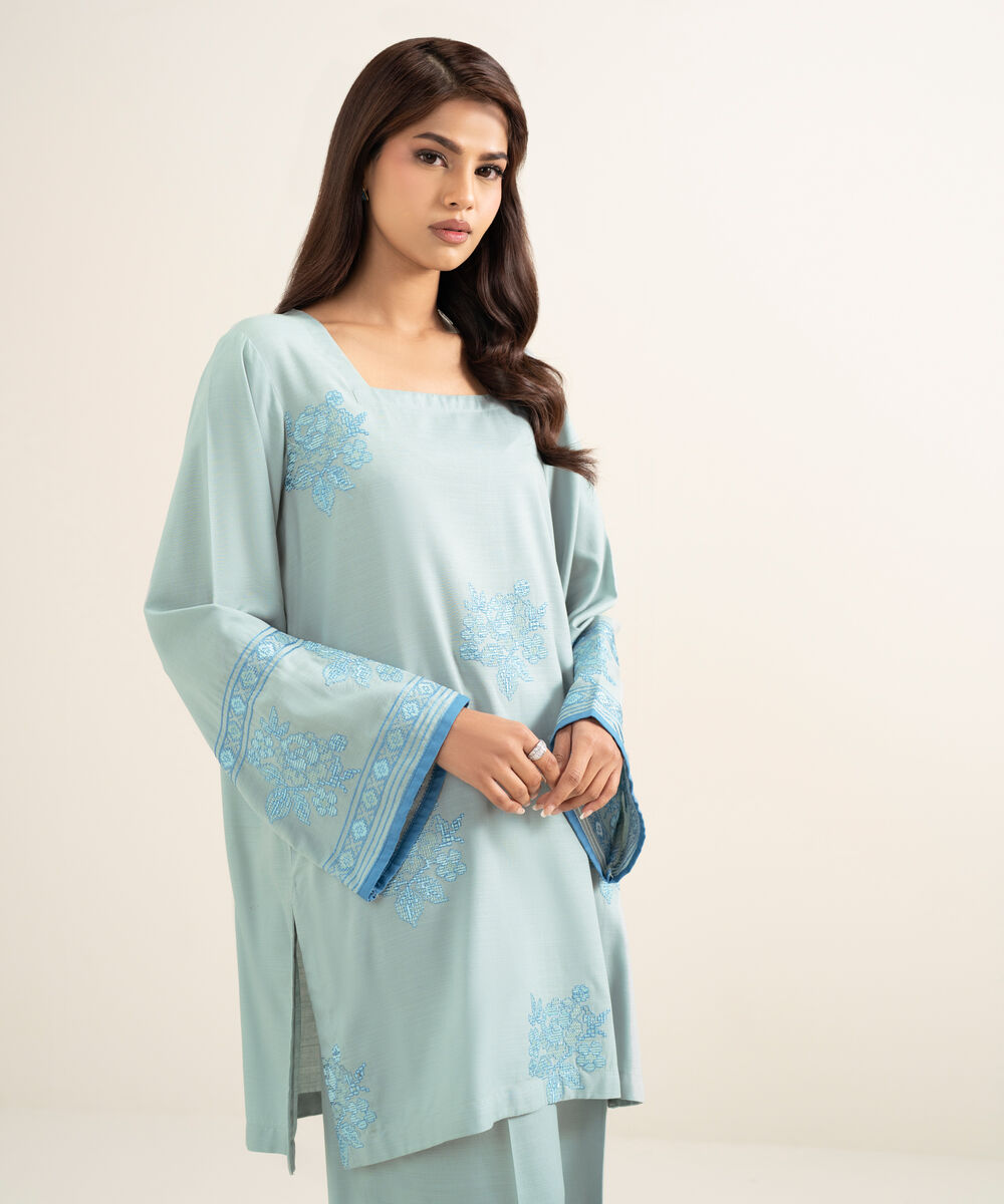 Women's RTW Cotton Viscose Embroidered Blue Straight Shirt