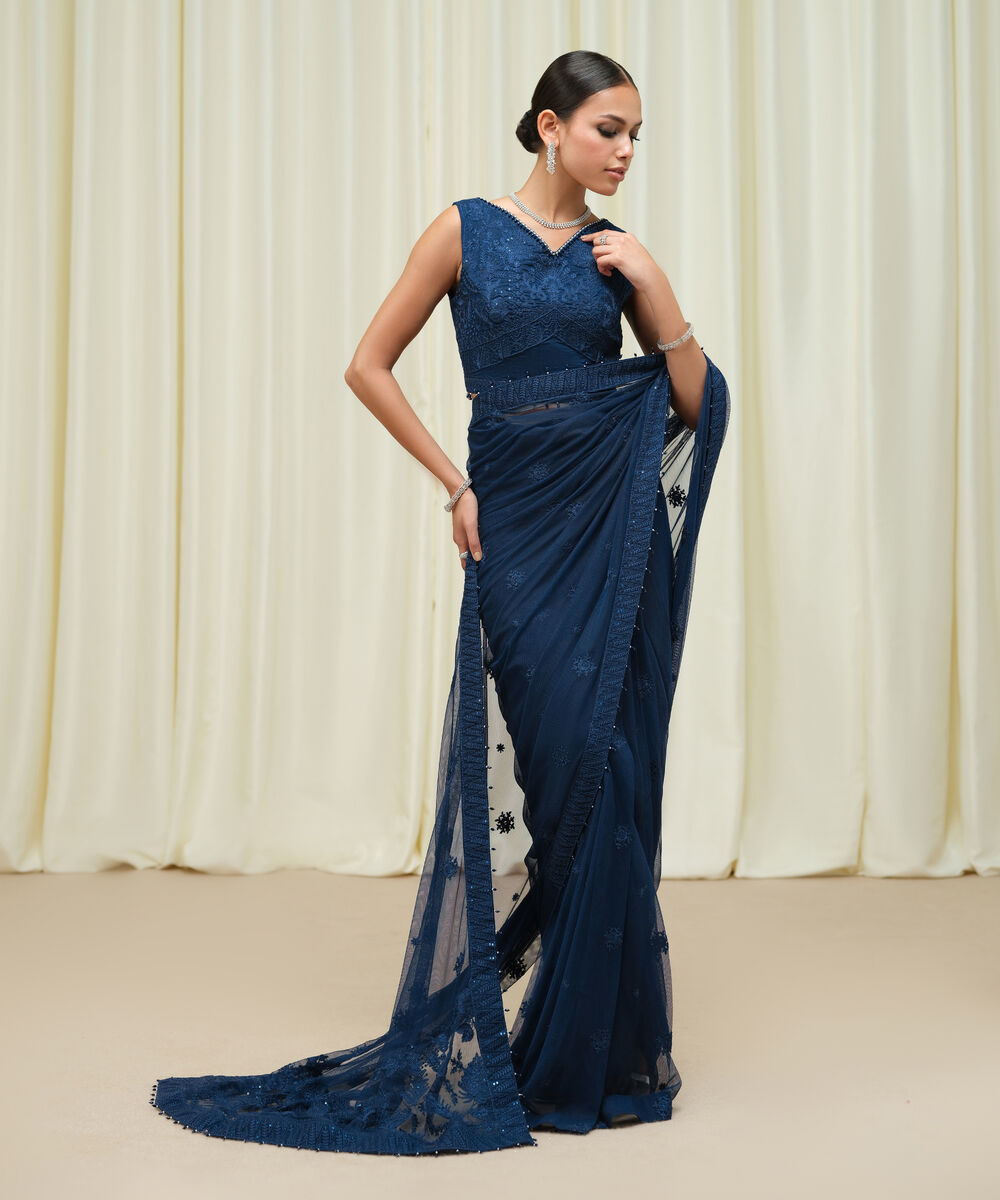 Women's Unstitched Embroidered Net Blue Saree