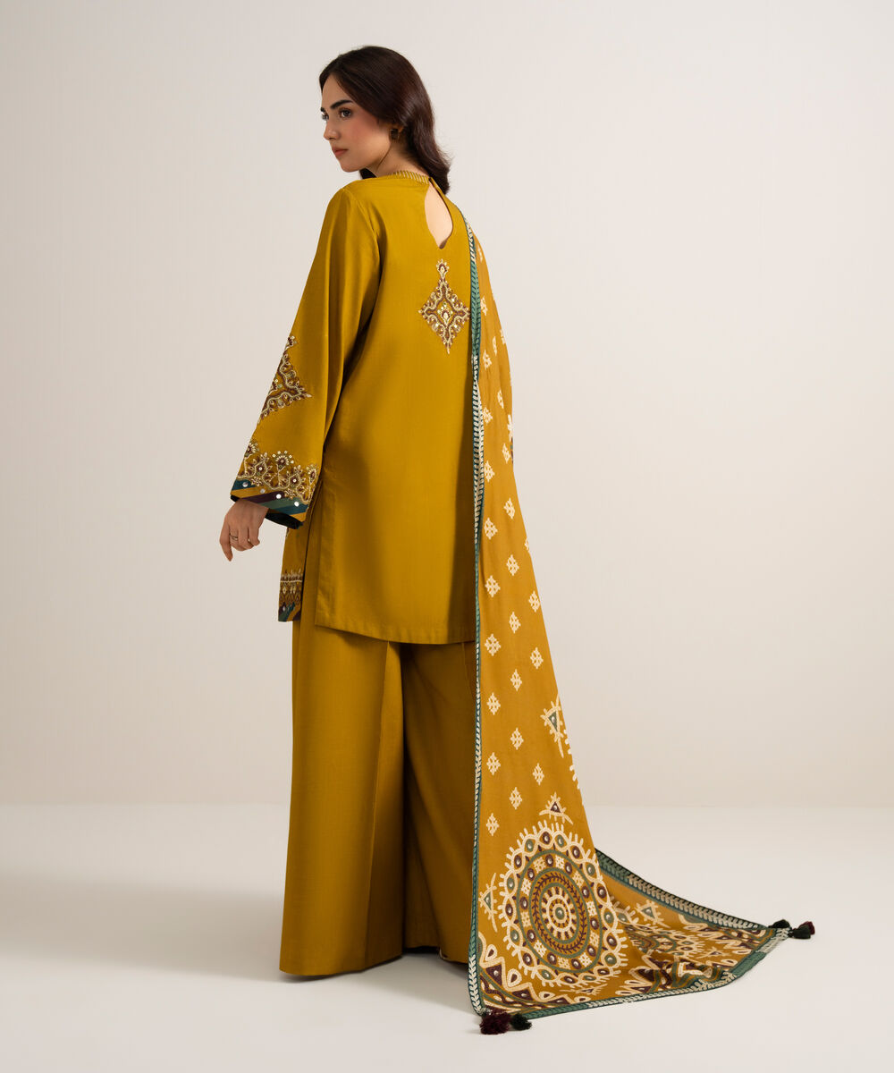 Women's Unstitched Embroidered Linen Mustard 3 Piece Suit