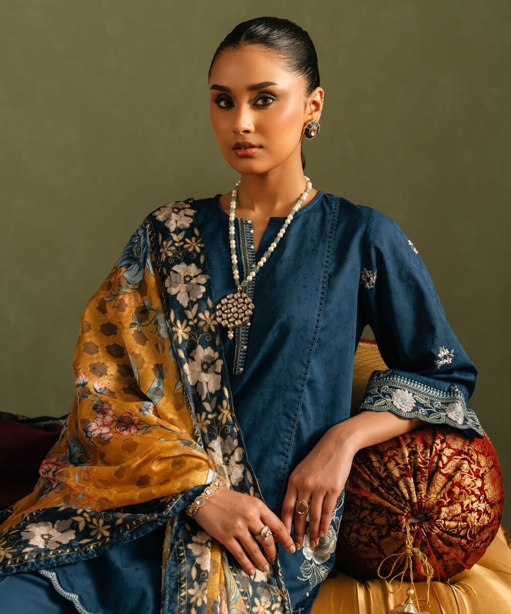 Women's RTW Self Jacquard Embroidered Blue Straight Shirt