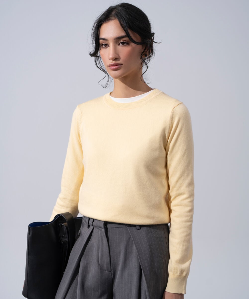 Women's Western Wear Butter Yellow Round Neck Knit Sweater
