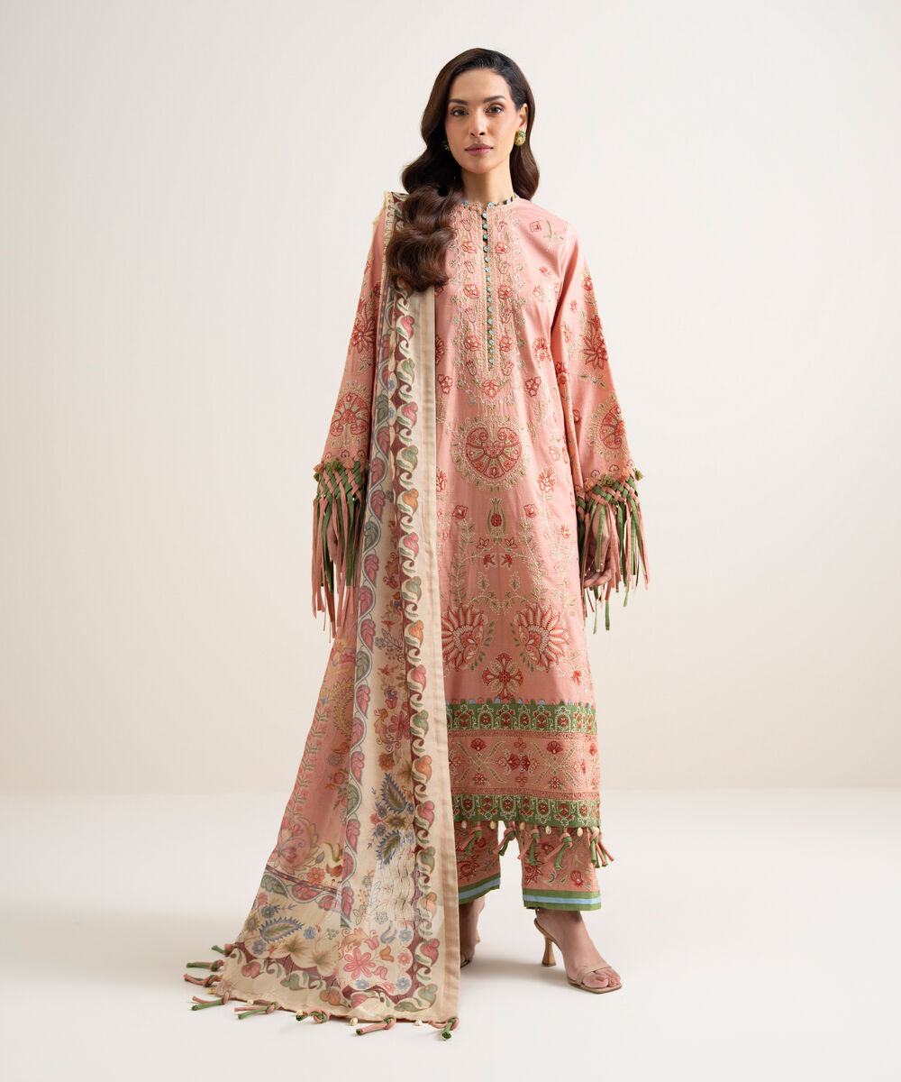 Women's Unstitched Textured Lawn Embroidered Pink