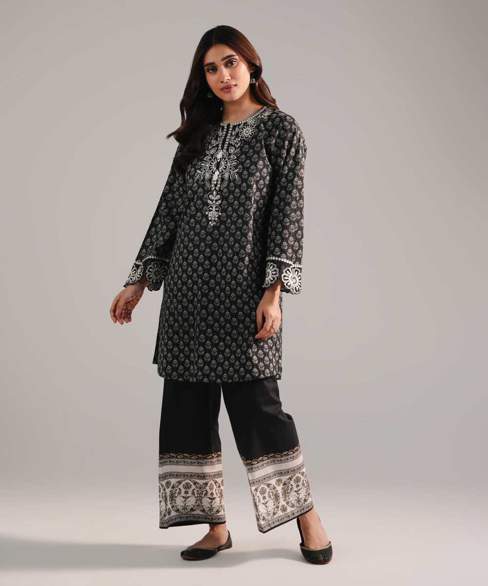 Women's RTW Lawn Embroidered Black Straight Shirt