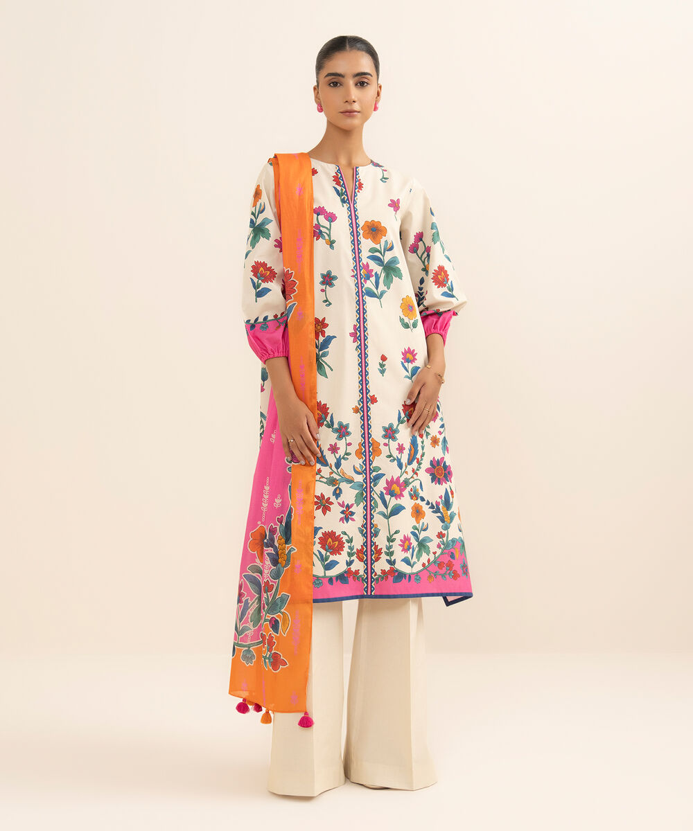 Women's Unstitched Cotton Printed Multi 3 Piece Suit