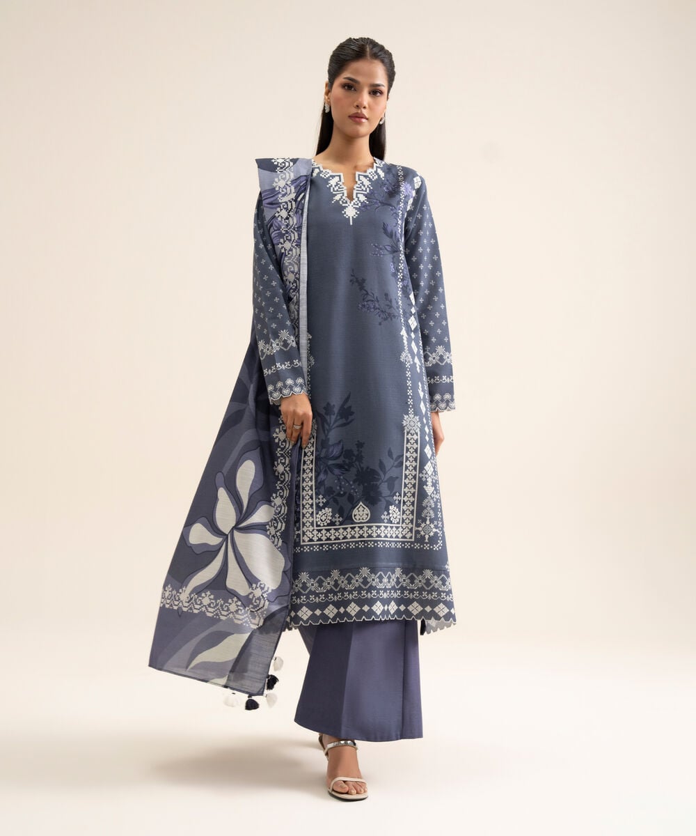 Women's Unstitched Light Khaddar Printed Blue 3 Piece Suit