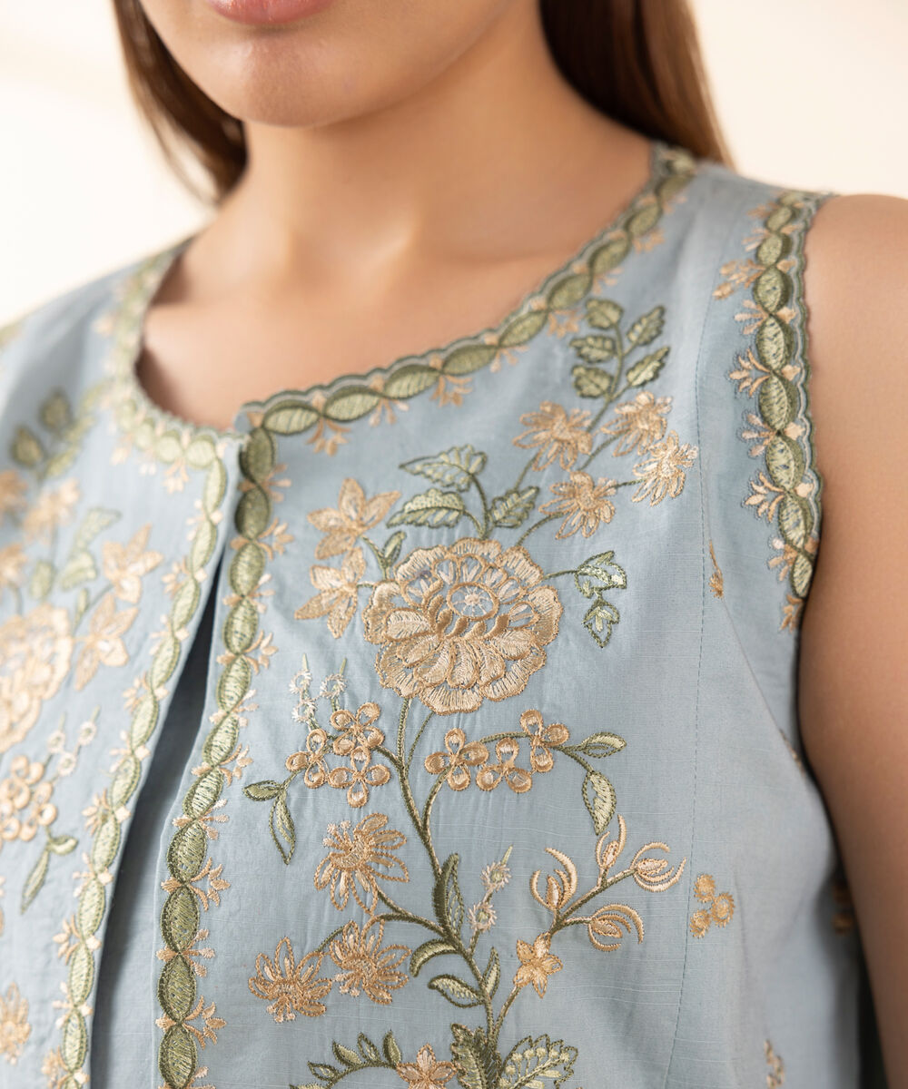 Women's Unstitched Lawn Embroidered Blue 3 Piece Suit