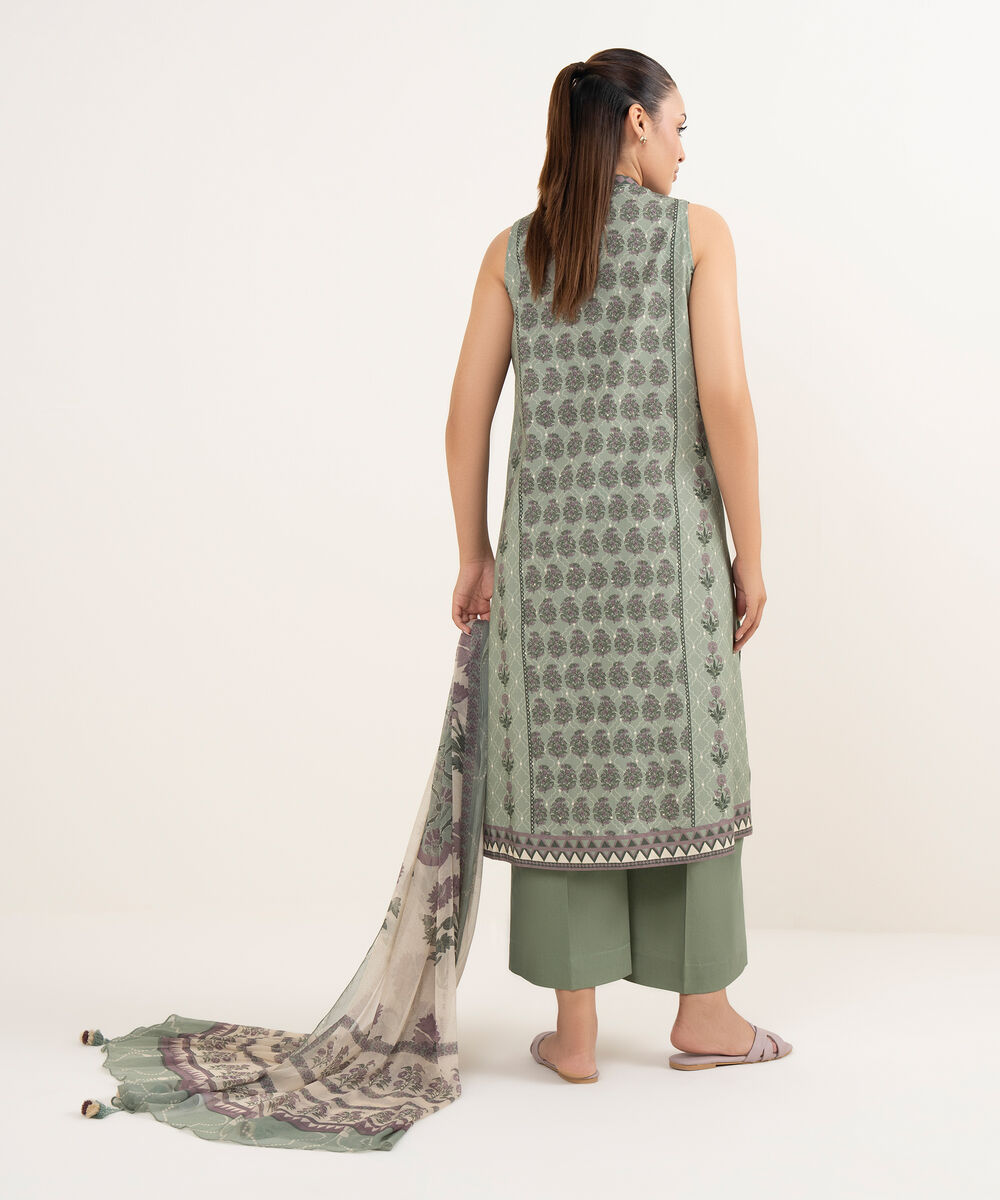 Women's Unstitched Cotton Printed Green Three Piece Suit