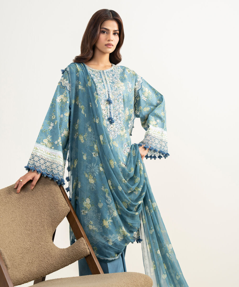 Women's Unstitched Fine Lawn Embroidered Blue 3 Piece Suit