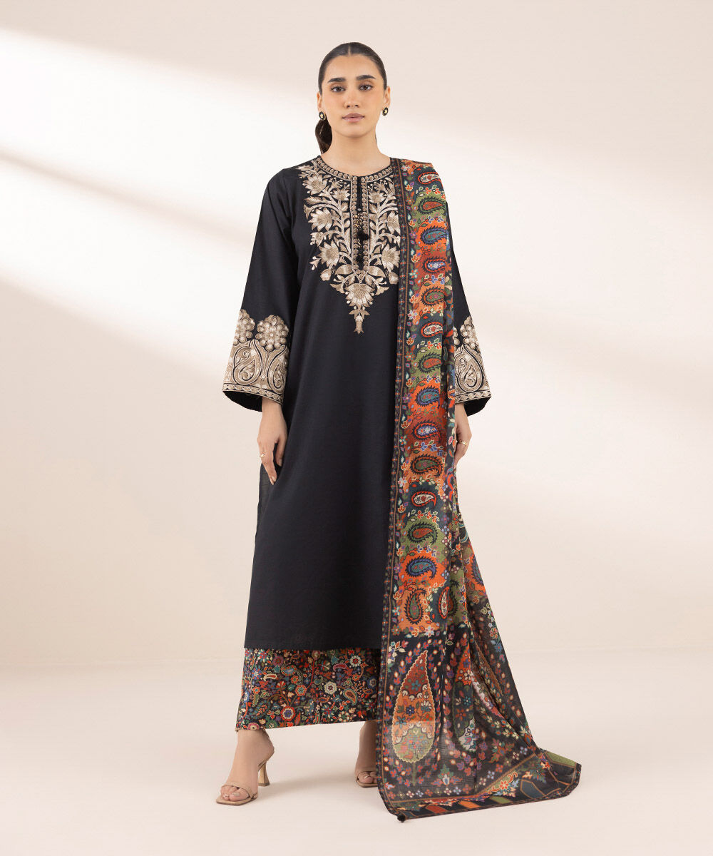 Women's RTW Textured Lawn Black Embroidered A-Line Shirt