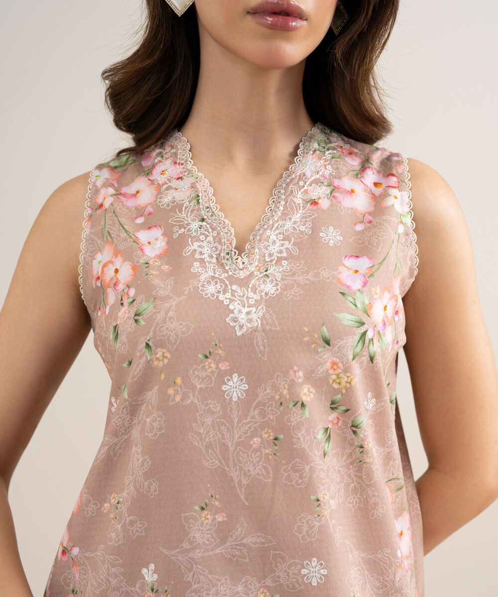 Women's Unstitched Dobby Embroidered Beige 3 Piece Suit