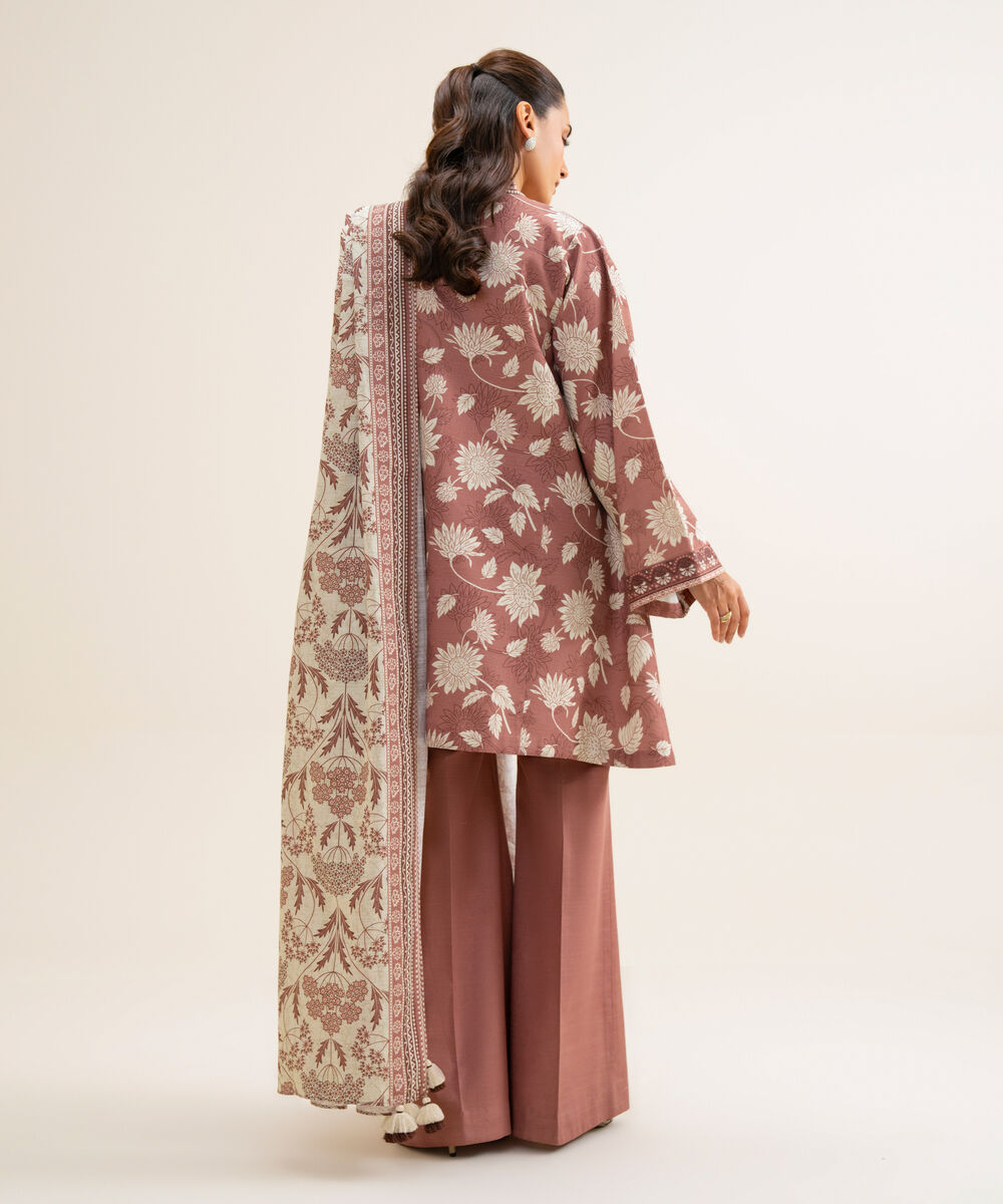 Women's Unstitched Lawn Printed Brown 3 Piece Suit